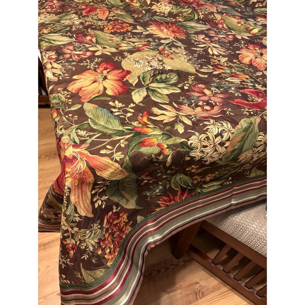 Karen Lee Ballard Tablecloth NWT 51 x 52 Brown Floral Iris Lily of Valley Ribbon